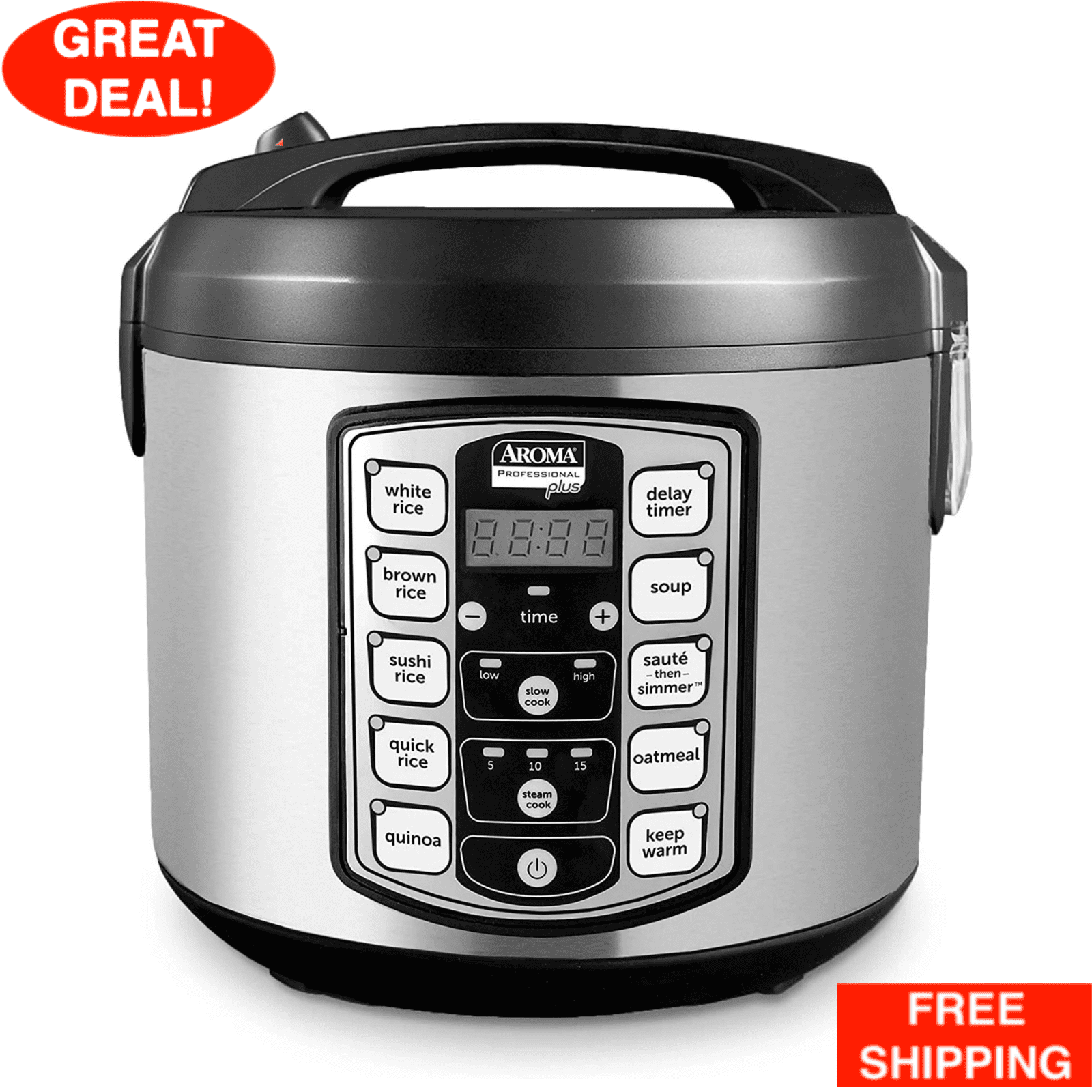 Stainless Steel Digital Rice Cooker with Steamer and Slow Cooker