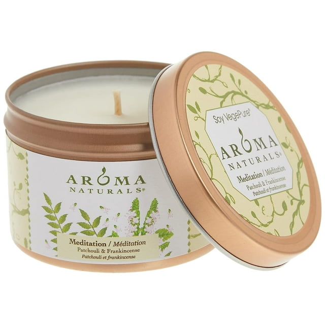 Aroma Naturals Tin Candle with Patchouli and Frankincense Essential Oil Natural Soy Scented, Meditation, 2 Count