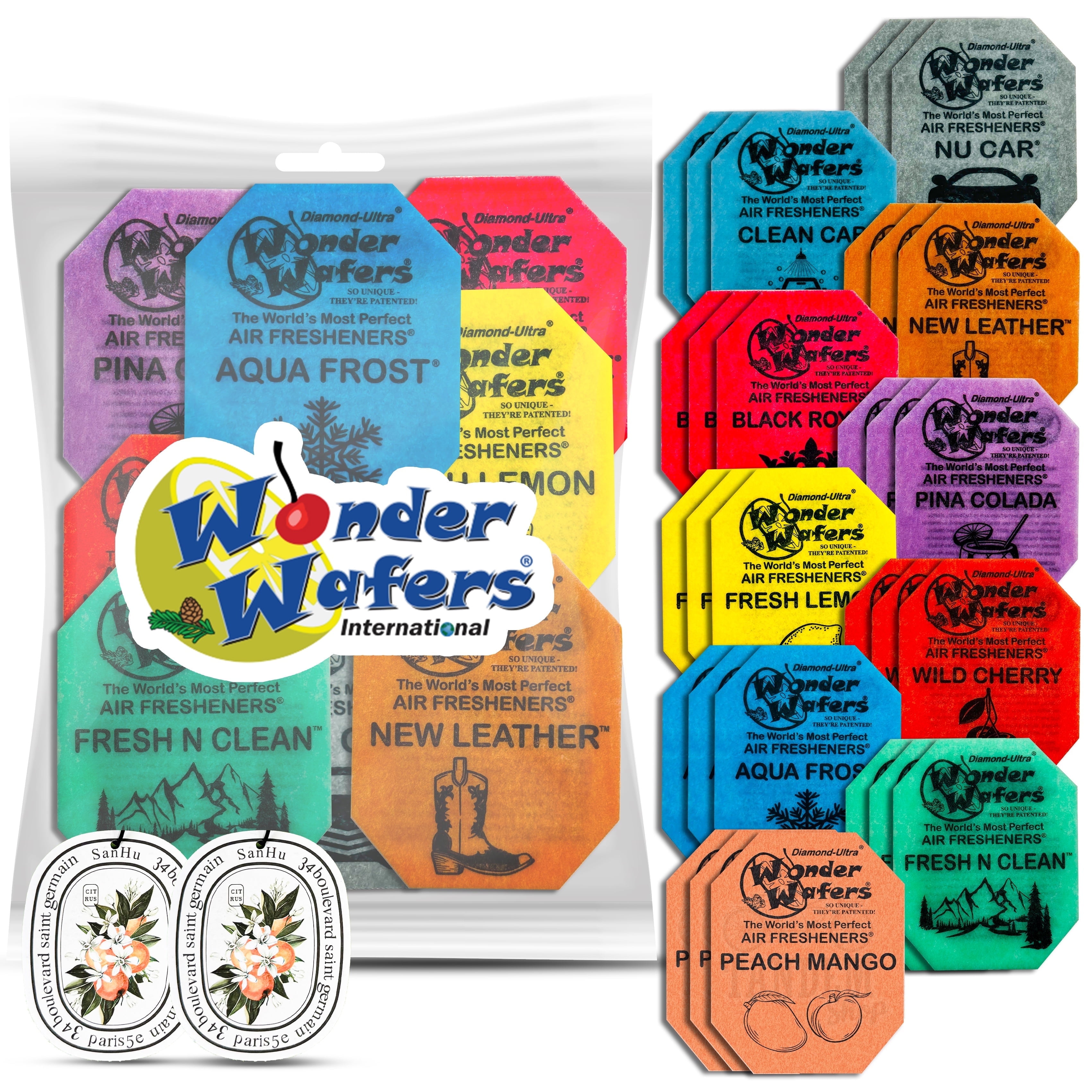 Aromaque 60 Wonder Wafers Air Fresheners (10 Scents, 6 Each) + 2 Car Freshener Cards