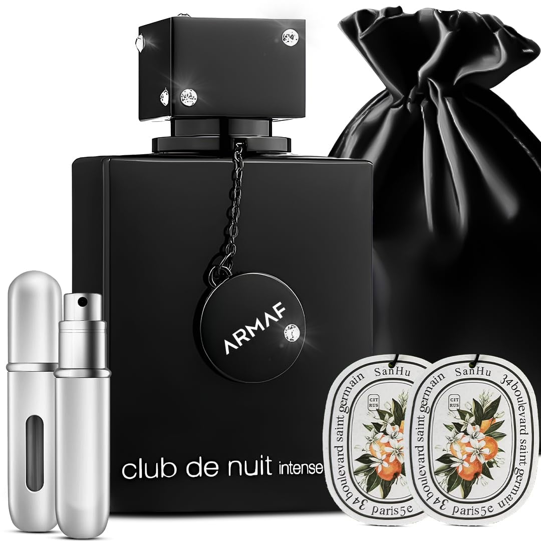 Aromaque Armaf Club de Nuit Intense Man Bundle 3.4oz EDT Perfume, Refillable Bottle, 2 Car Fresheners & Satin Bag