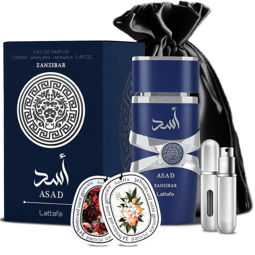 Aromaque Fragrance Gift Set – Lattafa Asad Zanzibar Eau de Parfum 3.4oz with Travel Spray, 2 Car Fresheners & Satin Pouch