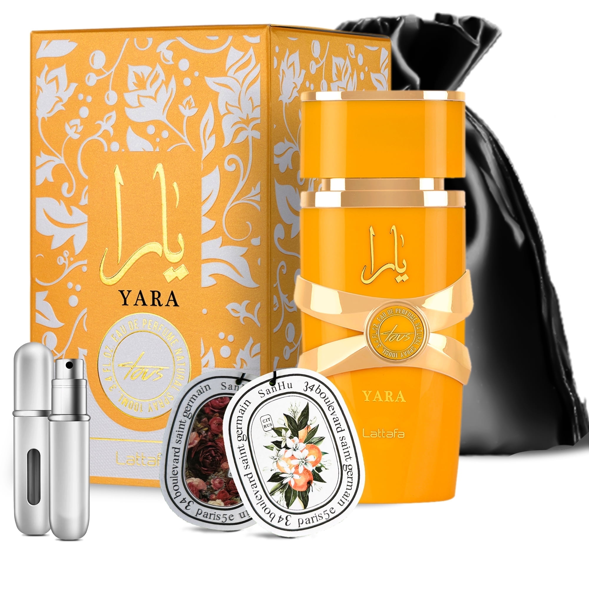 Aromaque Tous Lattafa Perfumes Bundle 3.4oz Eau de Parfum for Women with Travel Bottle, 2 Car Fresheners & Gift Bag Fresh Scents