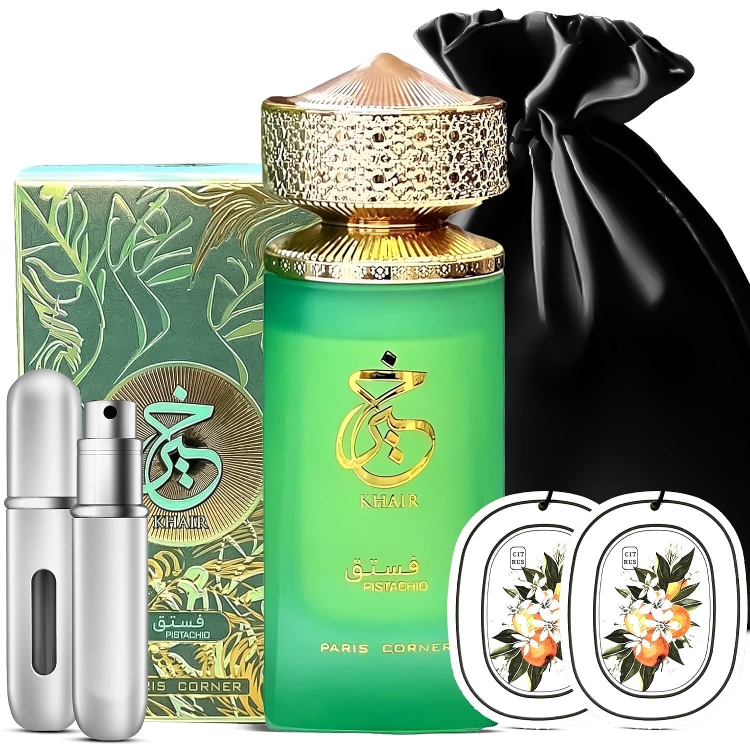 Aromaque Paris Corner Pistachio Khair Perfume Bundle, 3.4 oz EDP Spray with Refillable Bottle, Scent Cards & Satin Gift Bag, Unisex
