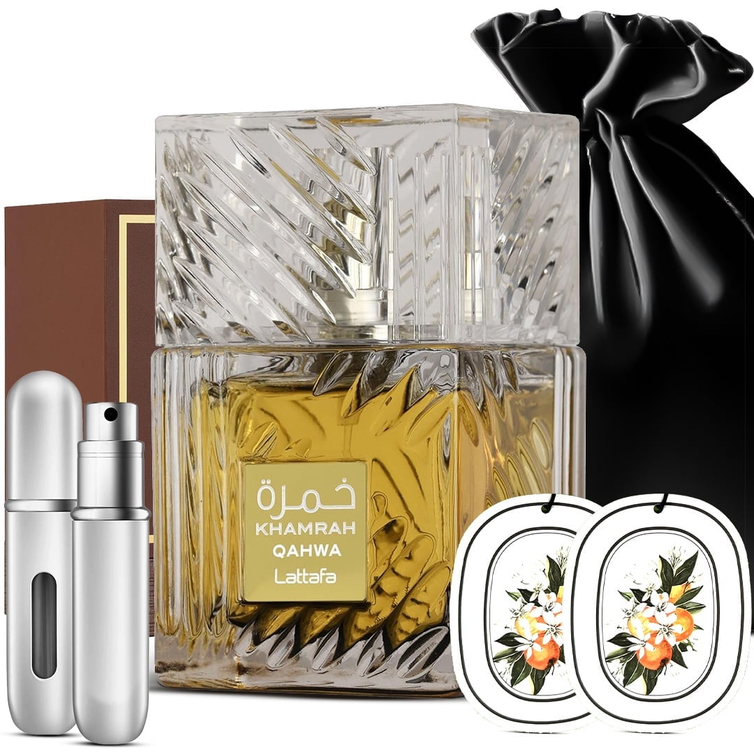 Aromaque's Bundle of Lattafa Khamrah Qahwa 3.4OZ Unisex Eau De Parfum with 1 Empty Refillable Perfume Bottle, 2 Car Freshner Cards & Black Satin Bag