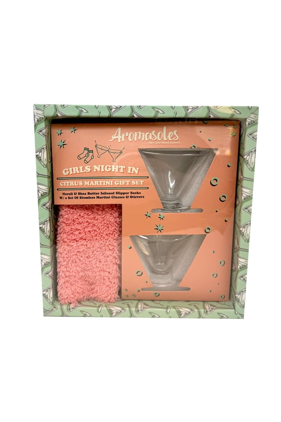 Aromasoles Girls Night In Gift Set, Includes Neroli Infused Slipper Socks & Martini Glasses