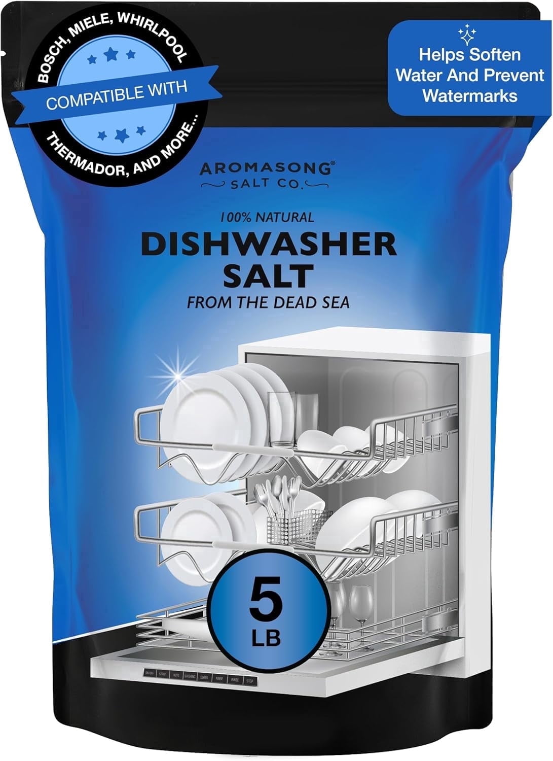 Aromasong Dishwasher Salt 5 lb - Natural Water Softener Salt for Cleaner Dishes and Spot-Free Finish