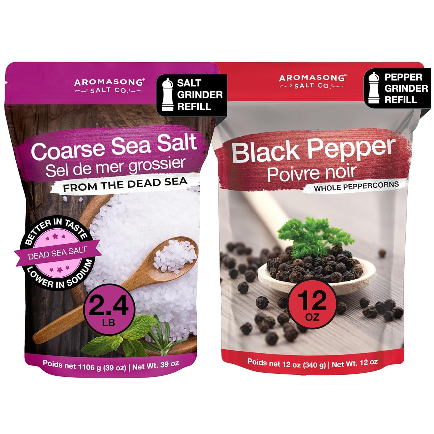 Aromasong Coarse Sea Salt 2.43 lb and Black Peppercorn 120z 100% Natural Dead Sea Salt Grinder Refills