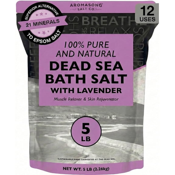 Aromasong Dead Sea Salt Natural Lavender Bath Soak, 5 lb Bulk Mineral Sea Salt for Relaxing Bath, Foot Soak, Detox & Home Spa Use