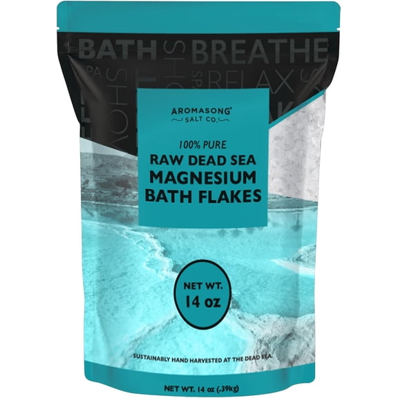 Aromasong Magnesium Flakes from The Dead Sea, 14 OZ. Resealable Pack- Muscle Relaxing Magnesium Chloride Bath Salts Soak.