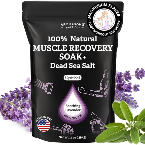 Aromasong Muscle Recovery Bath Soak with Dead Sea Salt, OptiMSM, Magnesium Flakes & Essential Oils for Post Workout Soreness - Made in USA - 14 oz. Bag Bath Salt for Pain Relief.