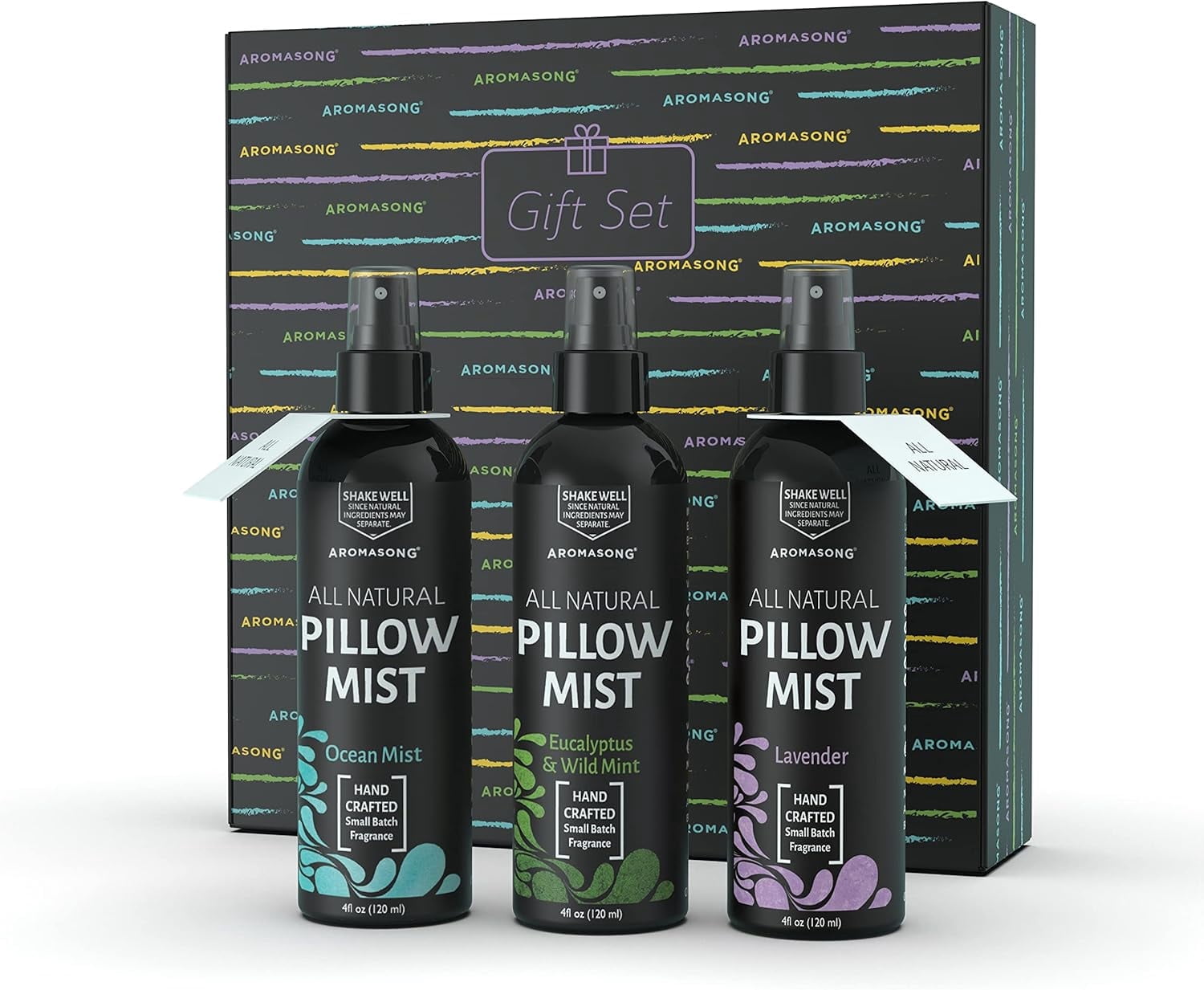 Aromasong Pillow Spray Holiday Gift Pack, All-Natural Linen & Bed Mist, Lavender, Ocean Mist & Eucalyptus, Calming Aromatherapy, 3 x 4 fl oz