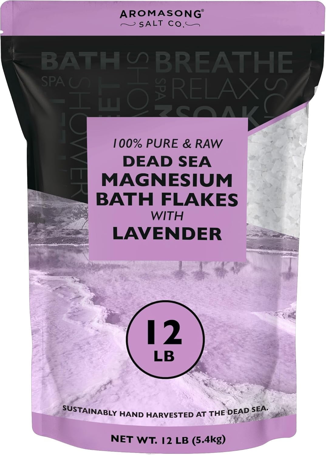 Aromasong RAW Magnesium Bath Flakes with 100% Natural Lavender, 12 Lb. Bulk Muscle Relaxing Organic Salts Mg Chloride, Mineral Soak Salt.