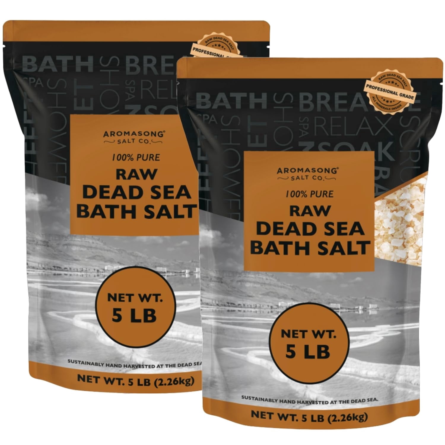 Aromasong Raw Dead Sea Bath Soak, Mineral Rich, Resealable Bags, 10 lb  (2 x 5 lb. Bags) Bulk Resealable Pack