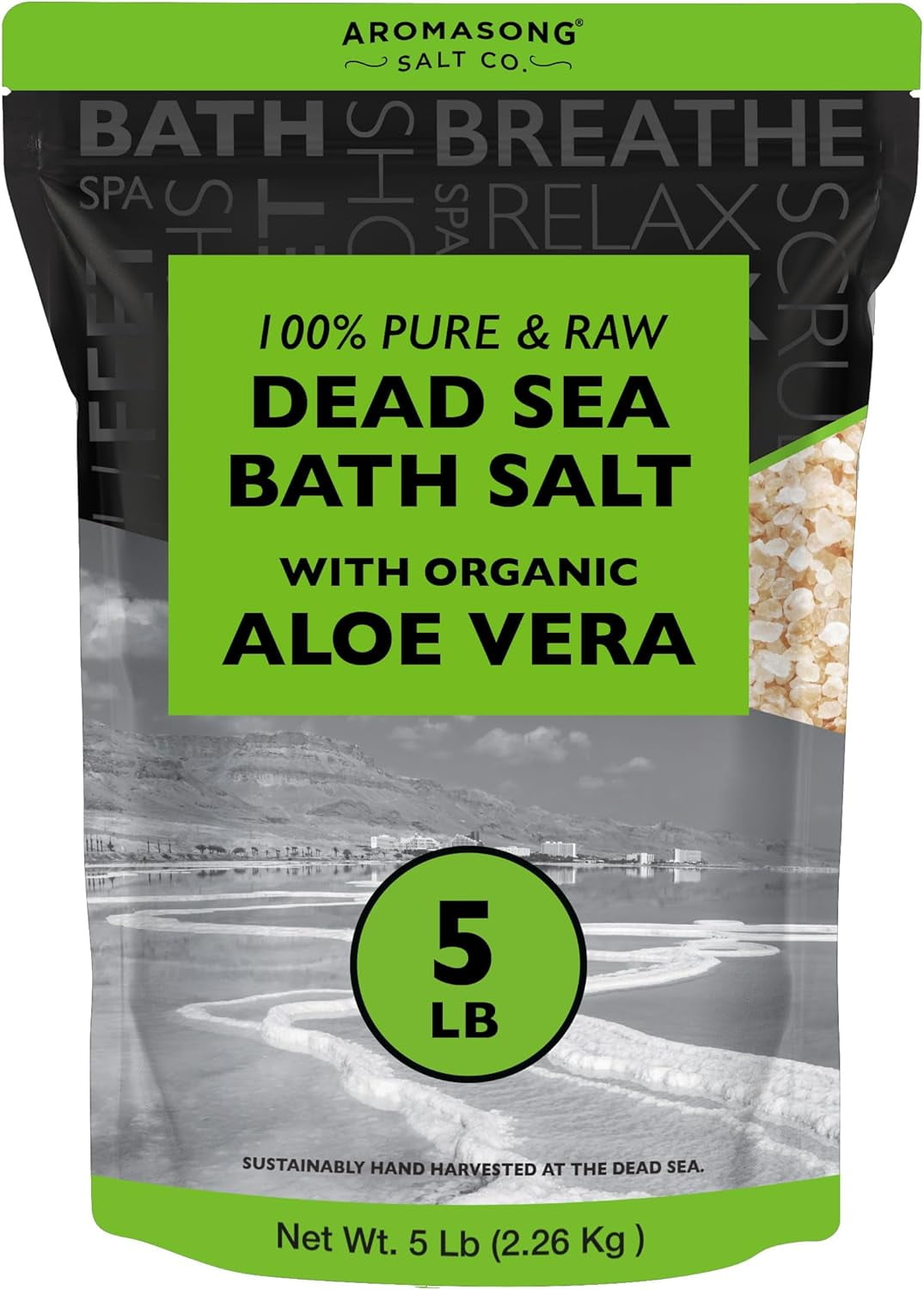 Aromasong Raw Dead Sea with Organic Aloe Vera Bath Salts, 5 lbs Bulk Pack