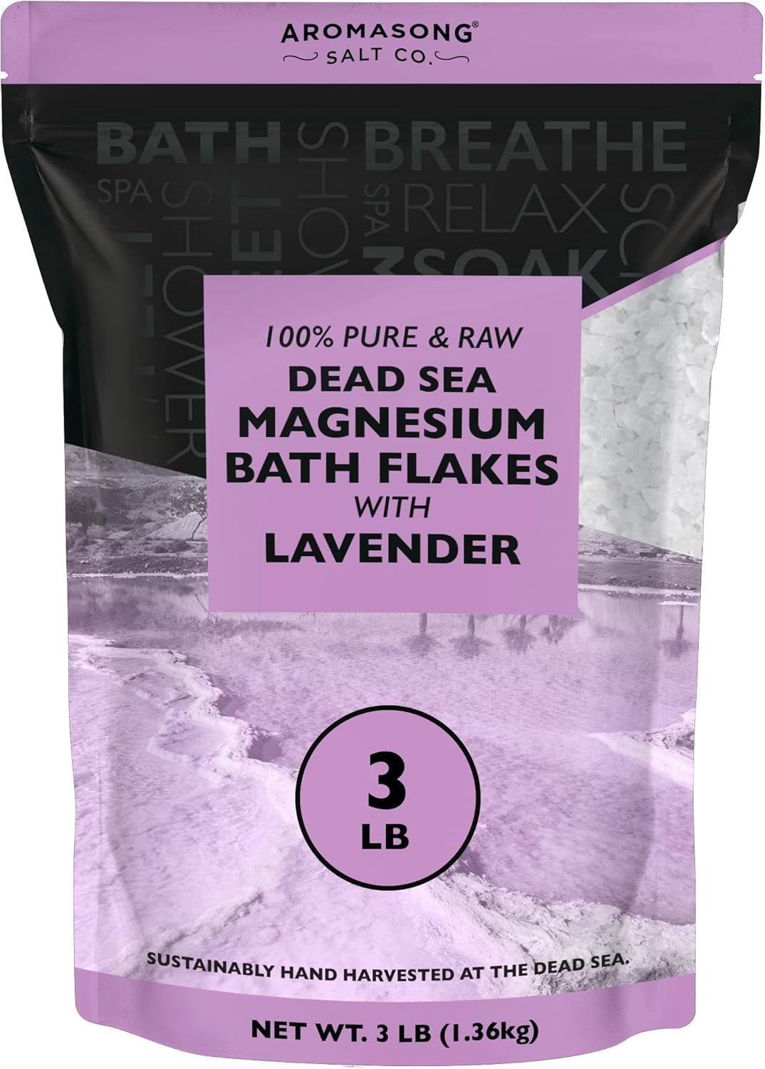 Aromasong Raw Magnesium Dead Sea Bath Salt Flakes 3 lB with 100% Natural Lavender