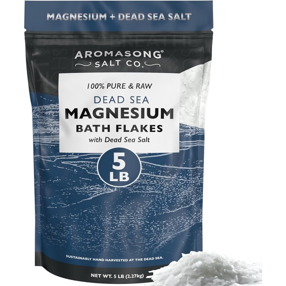 Aromasong Raw Magnesium Flakes for Bath + Dead Sea Salt for Soaking - 5 Lb Resealable Pack Magnesium Chloride Flakes - Organic Bath Salt Relaxing Mineral Soak (Packaging May Vary)