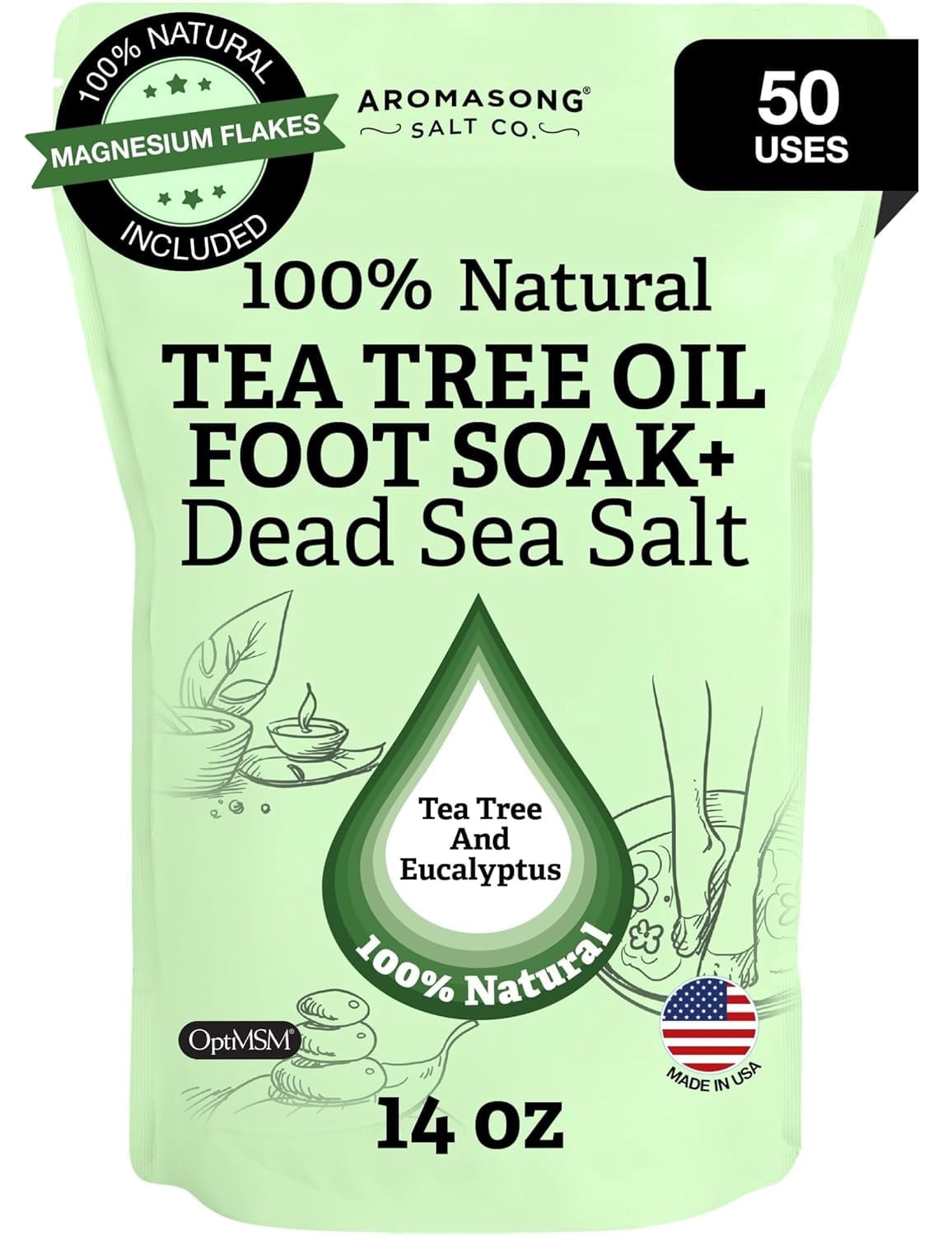Aromasong Tea Tree Foot Soak with Dead Sea Foot Soaking Salts - Pedicure Soak for Dry Cracked Feet - Athlete's Callus Remover Soothes Sore Feet - Eliminates Odor - Made In USA -14 oz