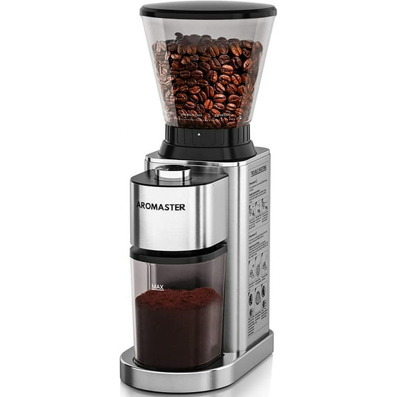 Aromaster Conical Burr Coffee Grinder Electric,Coffee Bean Grinder with 48 Gind Settings for Home Use,40 Seconds Adjustable Timer,Stainless Steel,Anti-static,Silver