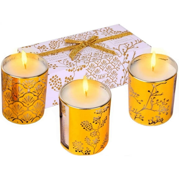 Aromatherapy Candle Gift Set 3 x 4.25 oz Glass Soy Candles in Wild Strawberry Parsley, Eucalyptus Bergamot & Japanese Persimmon, Gold Jars for Gifting & Relaxation