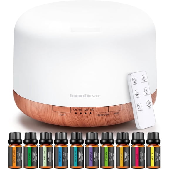 Aromatherapy Diffuser & 10 Essential Oils Set, 500ml Essential Oil Diffuser with Remote Control Mother's Gift Ultrasonic Cool Mist Scent Humidifier Vaporizer Auto-Off Timer for Home, Yellow