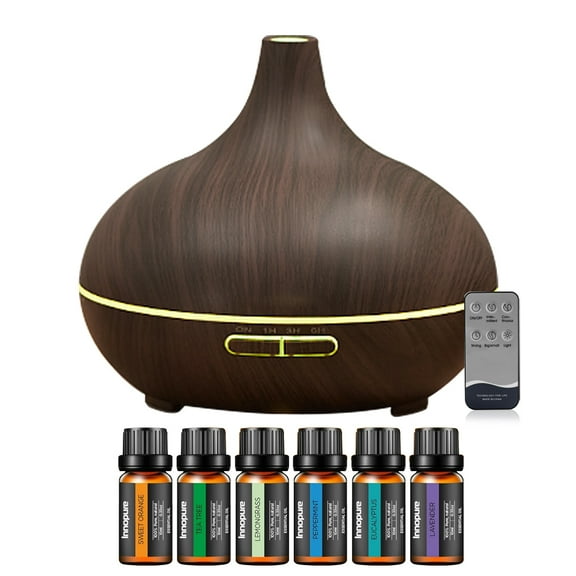 Aromatherapy Diffuser & 6 Essential Oils Set  550ml Diffuser Ultrasonic Diffuser Cool Mist Humidifier with 4 Timers 7 Colors Light Waterless Auto Off for Large Room Office  Dark Wood Grai