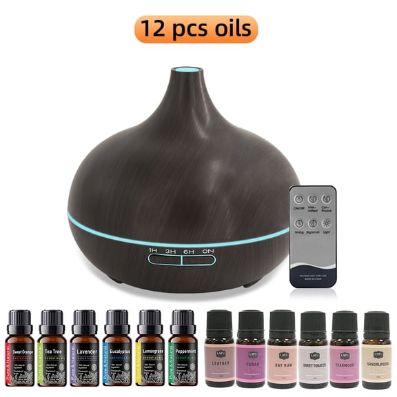 Aromatherapy Diffuser For Essential Oils Wood Grain 550ml Remote Control Ultrasonic Air Humidifier Cool with 7 Color LED Light With 12 Oils