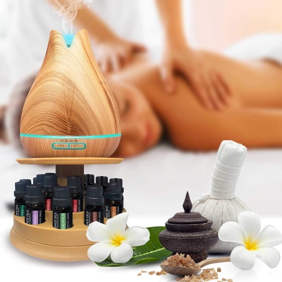 Aromatherapy Essential Oil Diffuser Gift Set with 20 Oils and Rotating Display Stand - 400ml Ultrasonic Humidifier for Home Spa