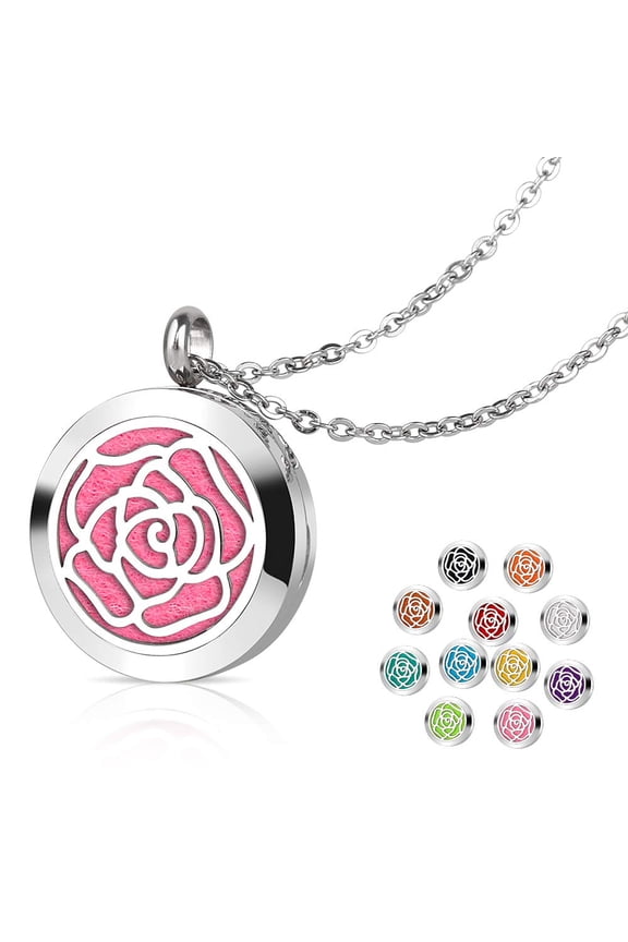 Aromatherapy Essential Oil Diffuser Necklace with Rose pattern - 25mm Adjustable 316L Stainless Steel Perfume Pendant Locket with 11 Color Refill Pads
