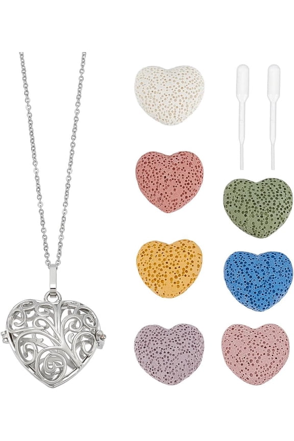 Aromatherapy Essential Oil Diffuser Necklaces Love Heart Hollow Locket Pendant Necklace Tree of Life Pattern Locket Pendant Scent Necklace with 7 Lava Rocks Stones