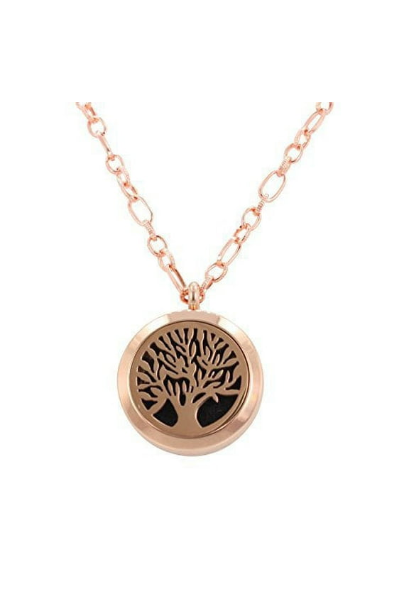 Aromatherapy Tree Necklace, Small Round Essential Oil Diffuser Locket in Rose Colored Stainless Steel, 29 Inch Chain, #6377