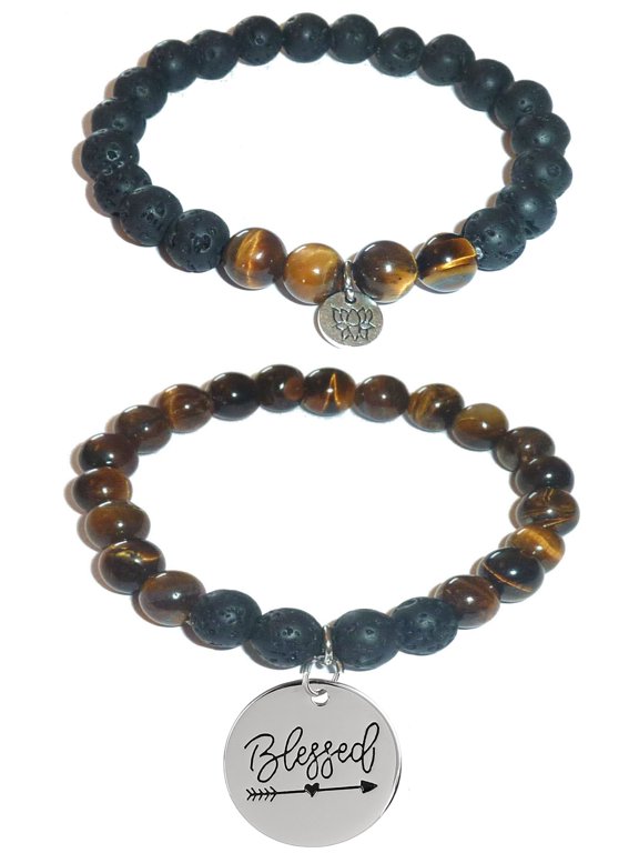 Aromatherapy Women's Tiger Eye & Black Lava Essential Oil Diffuser Beads Charm Stretch Bracelet Gift Set. (Blessed)