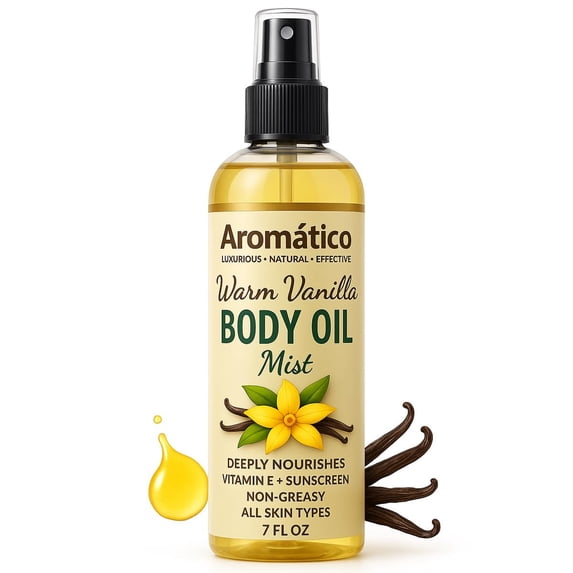 Aromatico Warm Vanilla Body Oil Mist Spray - 7 Fl Oz. Hydrating & Moisturizing Spray for Women. Lightweight, Fast-Absorbing Formula for Daily Use After Shower