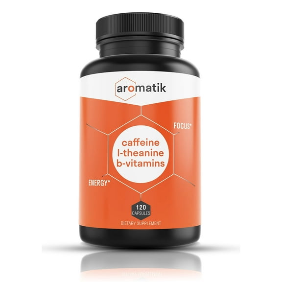 Aromatik Caffeine L-Theanine Focus Supplement | Caffeine (100 mg) + L-Theanine (200 mg) + B Vitamins | Energy Focus Cognition | USA Made at FDA Registered Facility | Vegan Capsules | 120 Servings