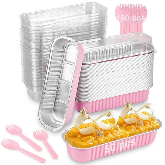 Aromei 50 Pack Mini Loaf Pans with Lids and 100 Spoons, 6.8 oz Mini Cake Pans with Lid，Aluminum Foil Bread Baking and Food Containers – Pink