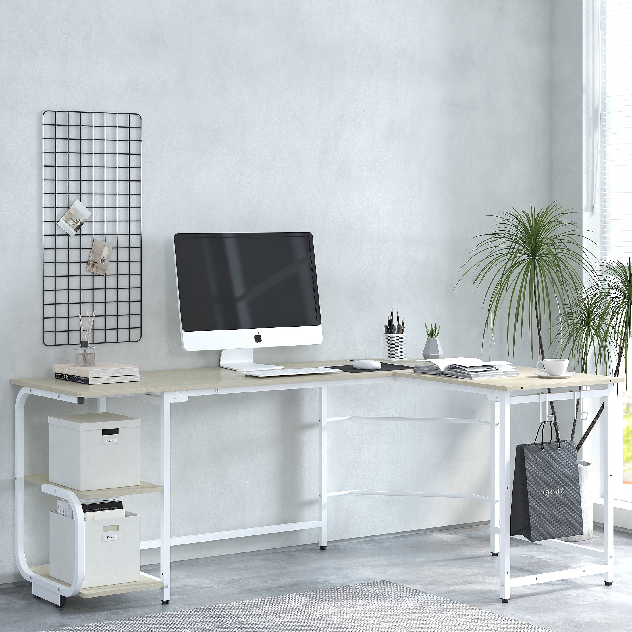 Aromei 70" L-Shaped Desk with 2-Tiers Storage Shelves, Home Office Large Corner Computer Desk, Beech