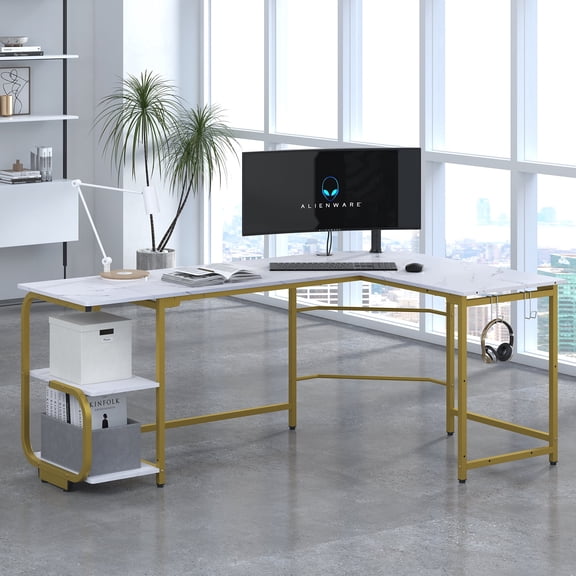 Aromei 70" L-Shaped Desk with 2-Tiers Storage Shelves, Home Office Large Corner Computer Desk, White and Gold
