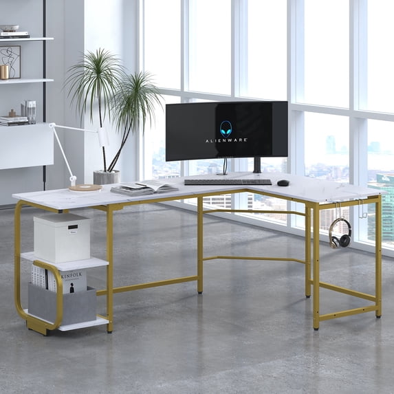 Aromei 70in L-Shaped Desk with 2-Tiers Storage Shelves, Home Office Large Corner Computer Desk, White and Gold