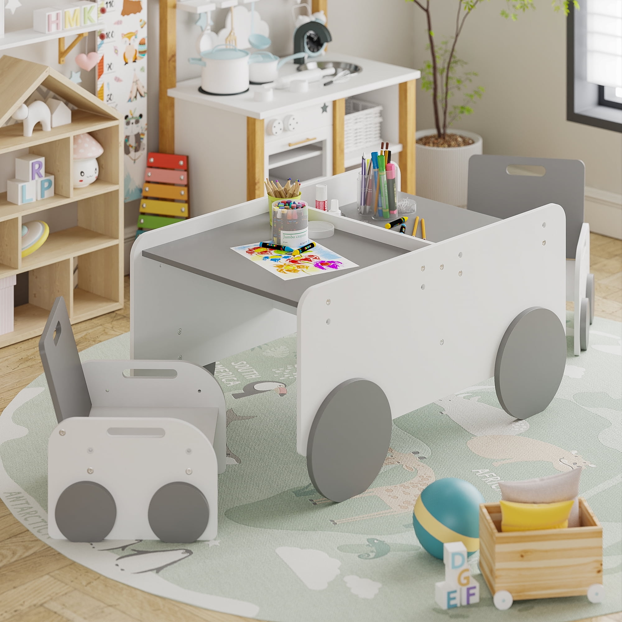 Aromei Kids Montessori Table and Chair Set, Toddlers Height Adjustable Activity Table with Car-Shaped Design for Classroom Home Nursery Playroom, Gray & White