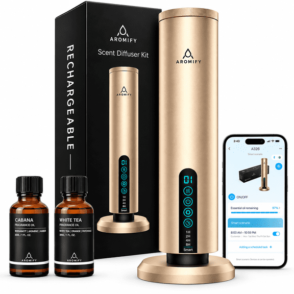 Aromify Wireless Starter Kit, Wireless, Bluetooth & Manual Control, 1,200 Sq Ft – 2 Bottles of Oil Included, Gold