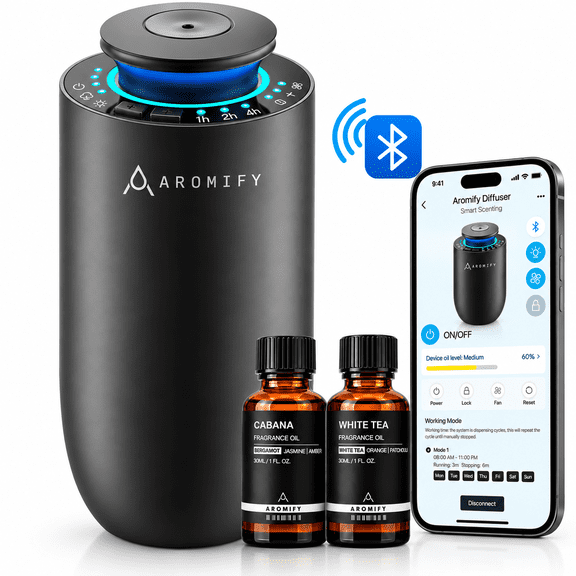 Aromify Portable Scent Diffuser Bluetooth App Control, Wireless, Silent Operation, Small Spaces, 500 Sq Ft – 2 Bottles of Oil Included