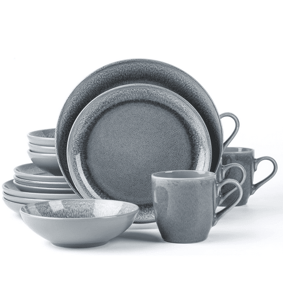 Arora FAIT Round Stoneware 16pc Dinnerware Set for 4, Dinner Plates, Side Plates, Cereal Bowls, Mugs - Reactive Glaze Grey (448158)