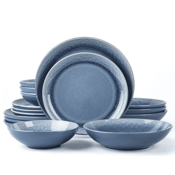 Arora FAIT Round Stoneware 16pc Double Bowl Dinnerware Set for 4, Dinner Plates, Side Plates, Cereal Bowls, Pasta Bowls - Reactive Glaze Blue (449322)