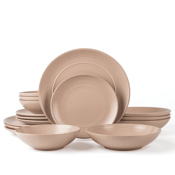 Arora RINGAR Round Stoneware 16pc Double Bowl Dinnerware Set for 4, Dinner Plates, Side Plates, Cereal Bowls, Pasta Bowls - Speckle Matte Coral (407490)