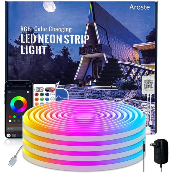 Aroste 32.8-Foot RGB neon Light Strip, Outdoor Waterproof IP67 Light Strip, with Remote Control and APP Control, Flexible Rope Light, Suitable for bedrooms, Gaming, and Music-synced LED Light Strips.