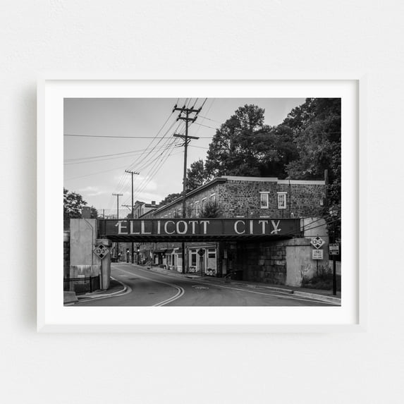 Around the Corner B&W - Ellicott City Maryland Photography Black and White Street Photography City Architecture Bridge Vintage Travel Poster White Framed Wall Art Print 8 x 10 inches