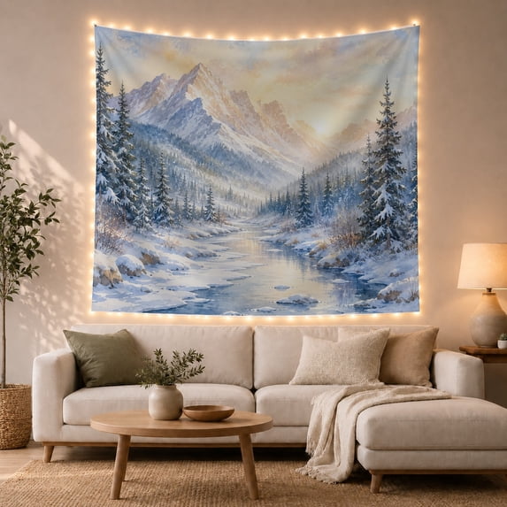 Around Partially Frozen with River Winding Through Valley, Mystical Fantasy for Space Lovers, Galaxy Room Decor, Christmas Gift, Tapestry Wall Hanging for Bedroom and Dorm