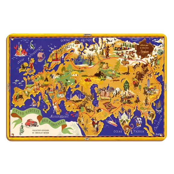 Around the World Map - French Chocolate Company - Circuit des Capitales (Tour of the Capital) - Vintage Pictorial Map by J.B. Jannot c.1956 - 8 x 12 inch Vintage Wood Art Sign