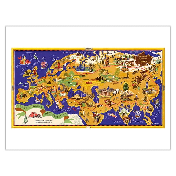 Around the World Map - French Chocolate Company - Circuit des Capitales (Tour of the Capital) - Vintage Pictorial Map by J.B. Jannot c.1956 - Bamboo Fine Art 290gsm Paper Print (Unframed) 24x32in