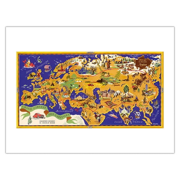 Around the World Map - French Chocolate Company - Circuit des Capitales (Tour of the Capital) - Vintage Pictorial Map by J.B. Jannot c.1956 - Fine Art Matte Paper Print (Unframed) 18x24in