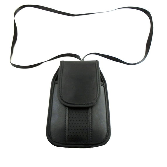 Around the Neck Black Leather Case with rotating pinch clip fits Doro 626 flip phone